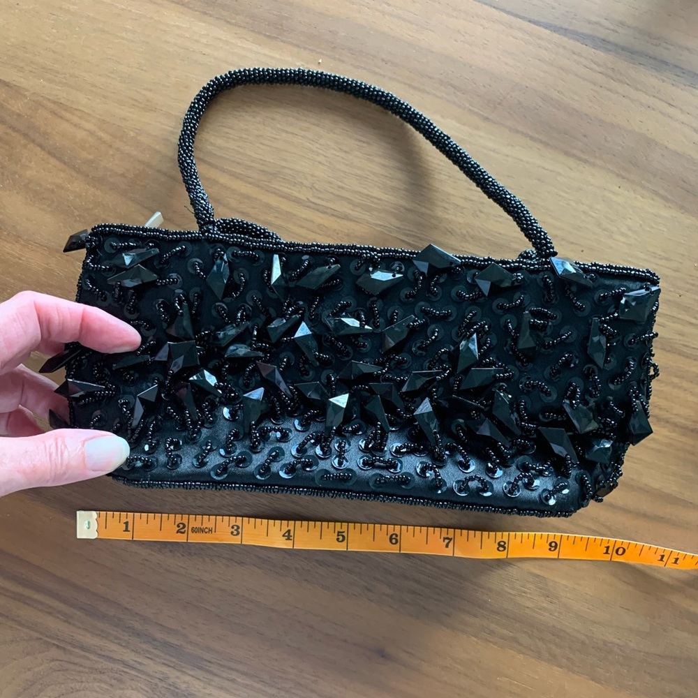EUC Bijoux Terner Elegant Black Beaded Handbag. Fully beaded front & handle.